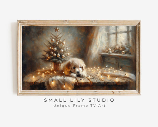 FRAME TV art Christmas Tree and Puppy, Cozy Festive Samsung Frame TV art, Cute Dog and Fairy Lights Holiday Tv screensaver for kids | TV495