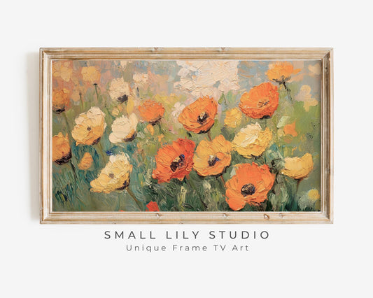 FRAME TV Art Fall Florals Orange and Yellow Poppies, Samsung Frame TV Art Autumn Flowers Textured Painting, Colorful Tv Screensaver | TV506