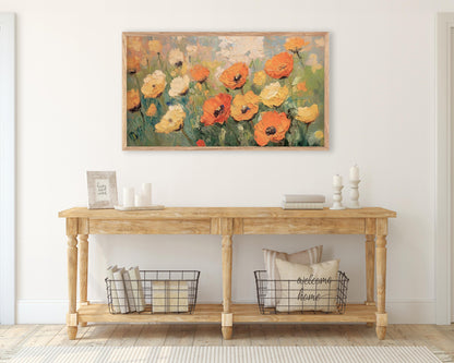 FRAME TV Art Fall Florals Orange and Yellow Poppies, Samsung Frame TV Art Autumn Flowers Textured Painting, Colorful Tv Screensaver | TV506