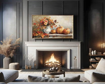 Thanksgiving FRAME TV Art Pumpkins and Fall Florals, Samsung Frame TV Vintage Style Painting Red Orange Brown Cozy Autumn Botanicals | TV507