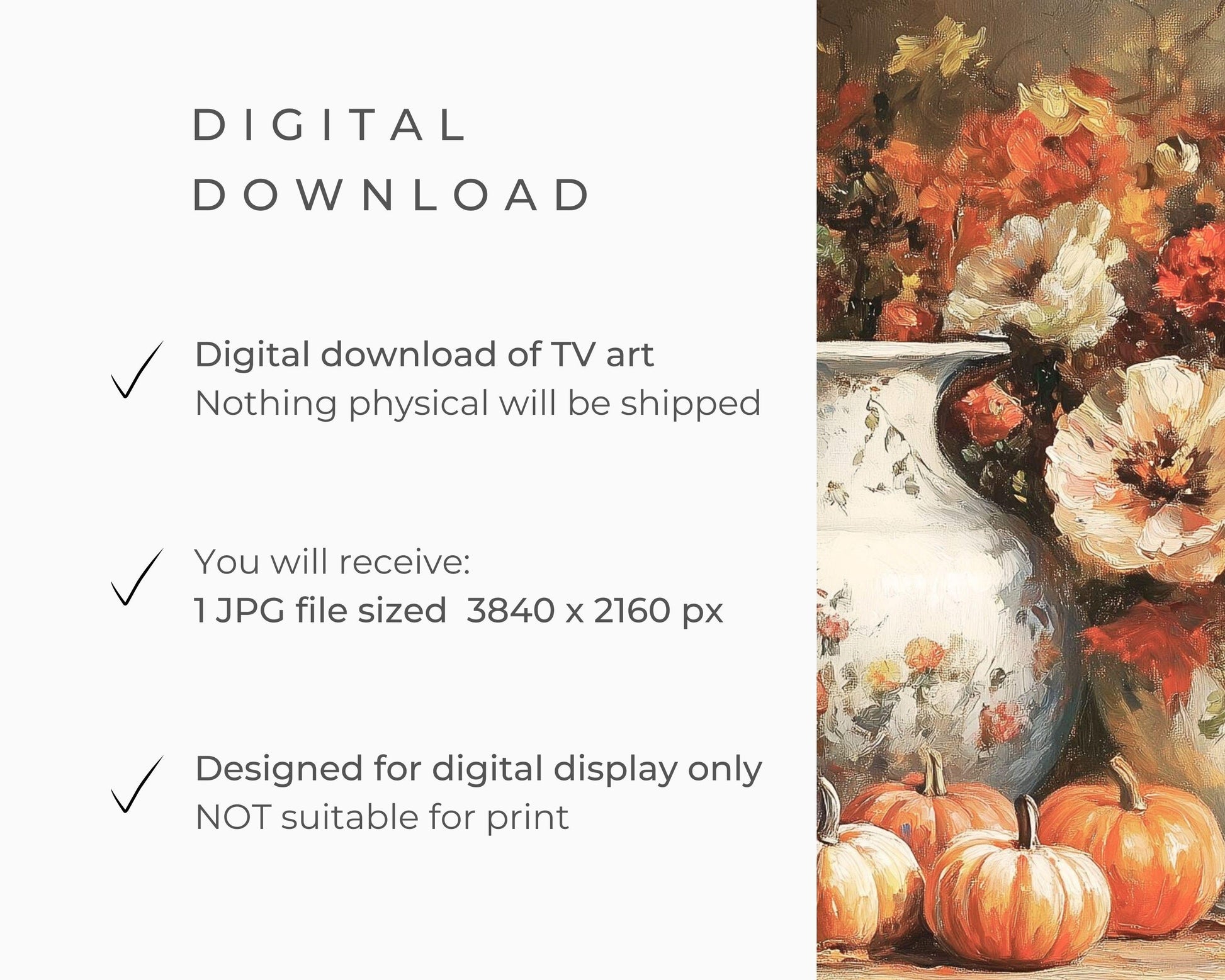 Thanksgiving FRAME TV Art Pumpkins and Florals Still Life, Samsung Frame TV Fall Vintage Style Painting Autumn Flowers Screensaver | TV508