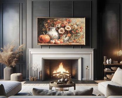 Thanksgiving FRAME TV Art Pumpkins and Florals Still Life, Samsung Frame TV Fall Vintage Style Painting Autumn Flowers Screensaver | TV508