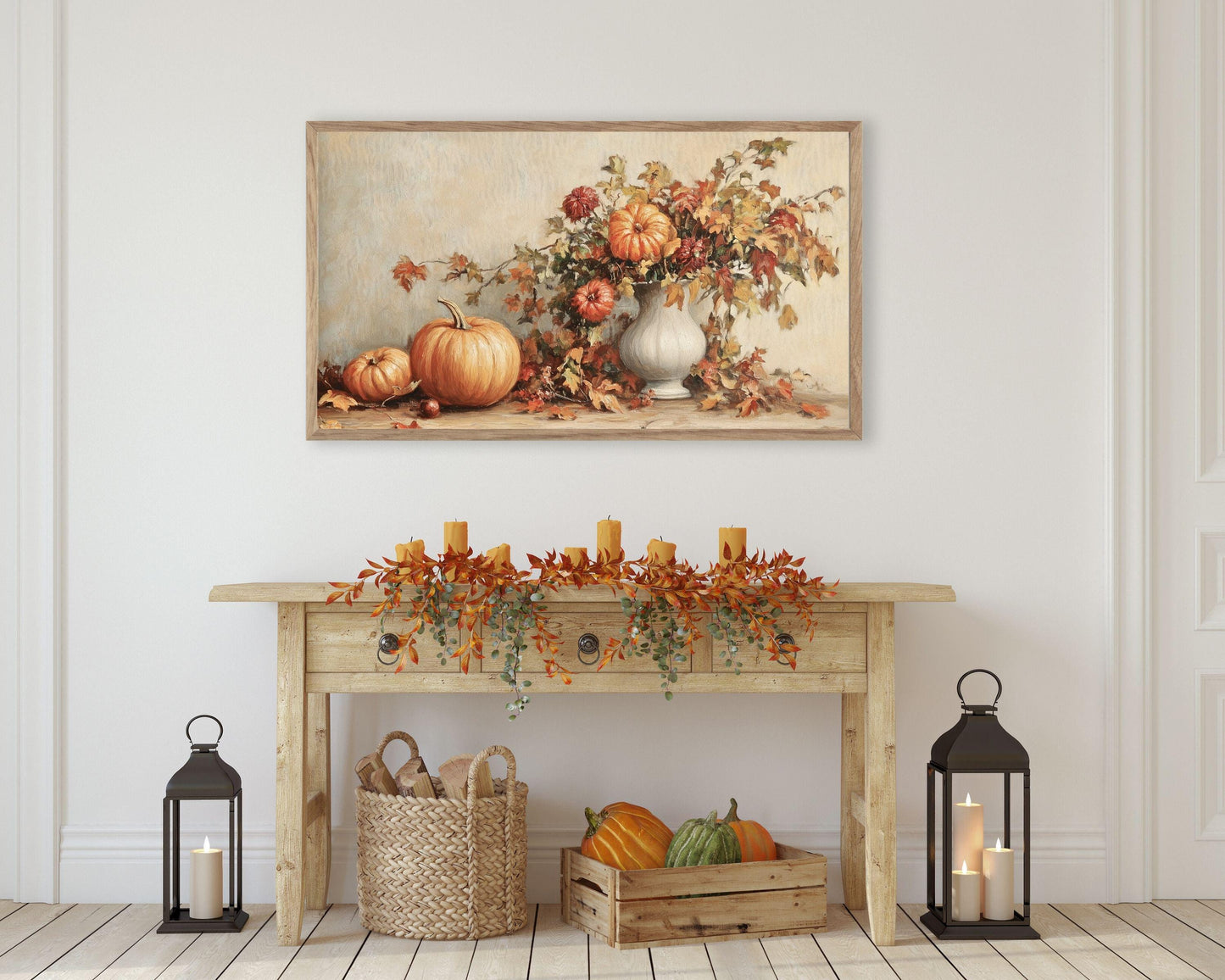 Thanksgiving FRAME TV Art Fall Florals and Pumpkins, Samsung Frame TV Vintage Style Painting Red Orange Beige Cozy Autumn Botanicals | TV509