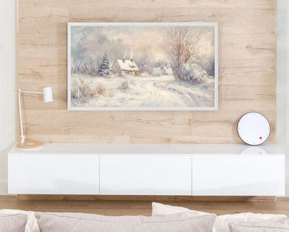 FRAME TV art Cottage in Winter Landscape, Samsung Frame tv art neutral Christmas painting vintage style, TV screensaver pink white | TV502