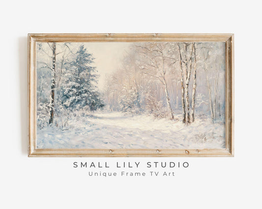 FRAME TV art Winter Landscape Pink, Samsung Frame tv art Christmas painting vintage style, Holidays TV screensaver snow forest | TV503