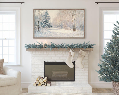 FRAME TV art Winter Landscape Pink, Samsung Frame tv art Christmas painting vintage style, Holidays TV screensaver snow forest | TV503