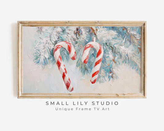 FRAME TV art Christmas Candy Canes, Cute Festive Samsung Frame tv art, Red White Vintage Style Textured Xmas Painting for kids | TV504