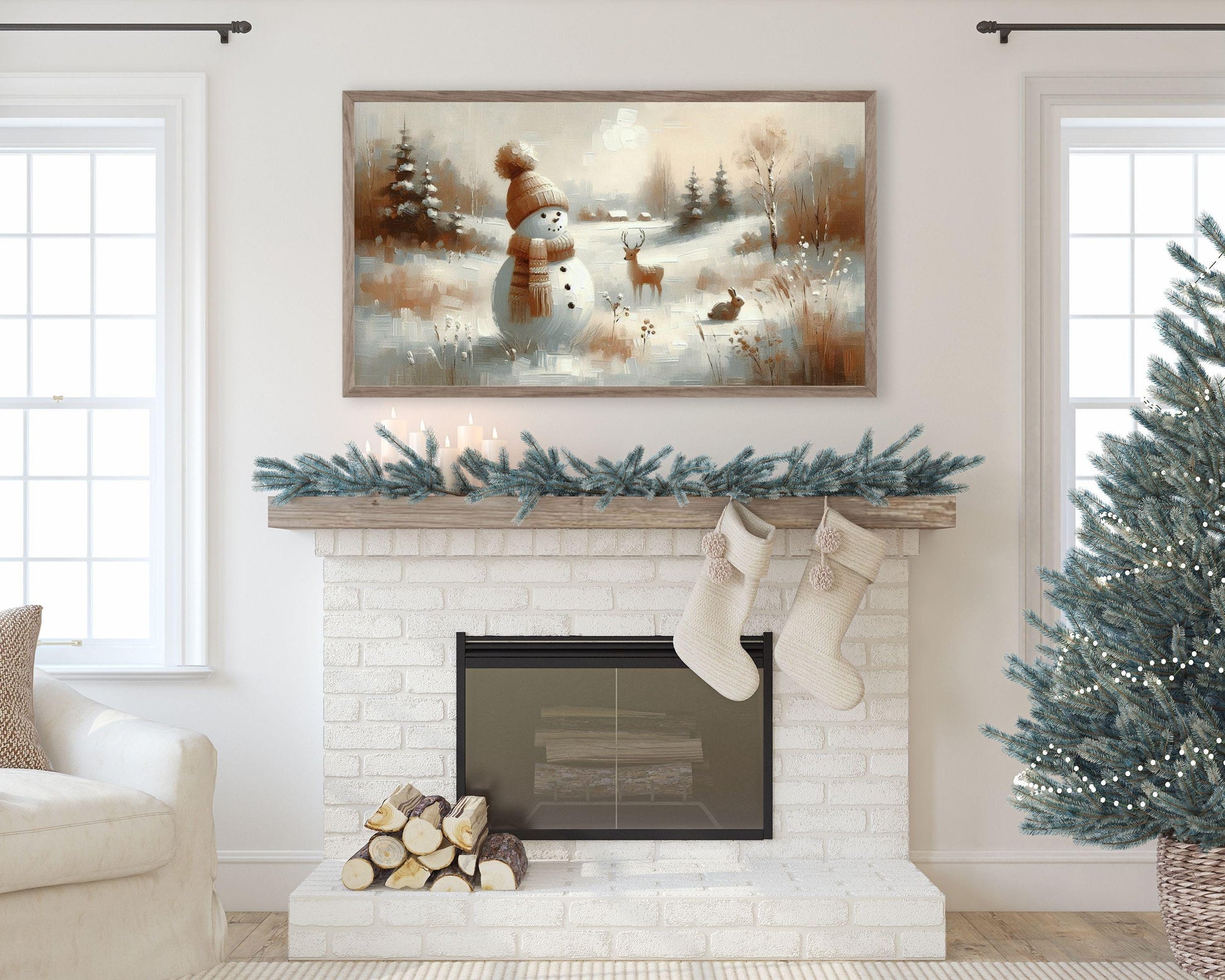 Snowman in Winter Landscape Christmas Frame TV Art