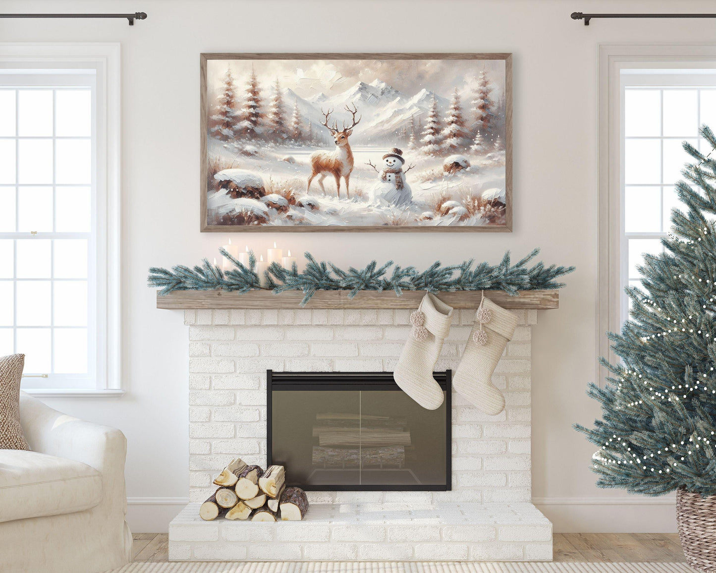 Snowman and Deer in Winter Landscape Frame TV Art