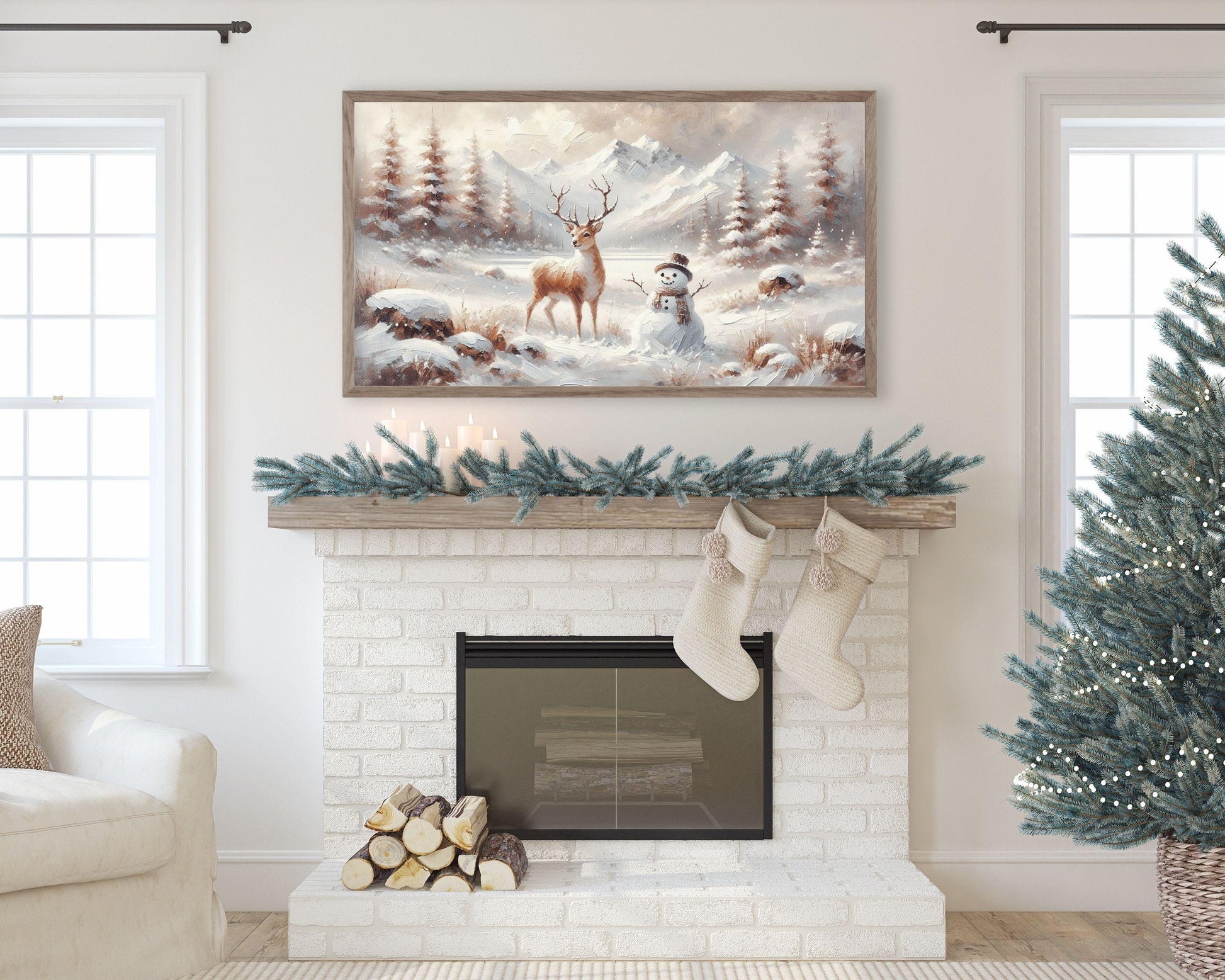 Snowman and Deer in Winter Landscape Frame TV Art