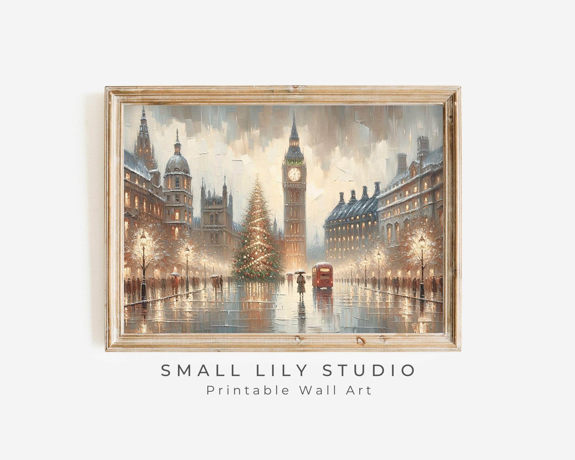 PRINTABLE London Christmas Print, Vintage Style Xmas Wall Art City in the Rain, Warm neutral festive painting textured streetscape | P092