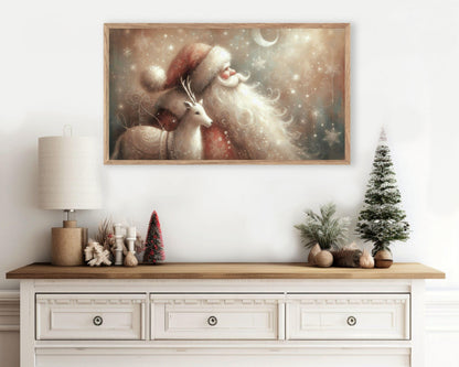 Santa and Deer Whimsical Christmas Frame TV Art