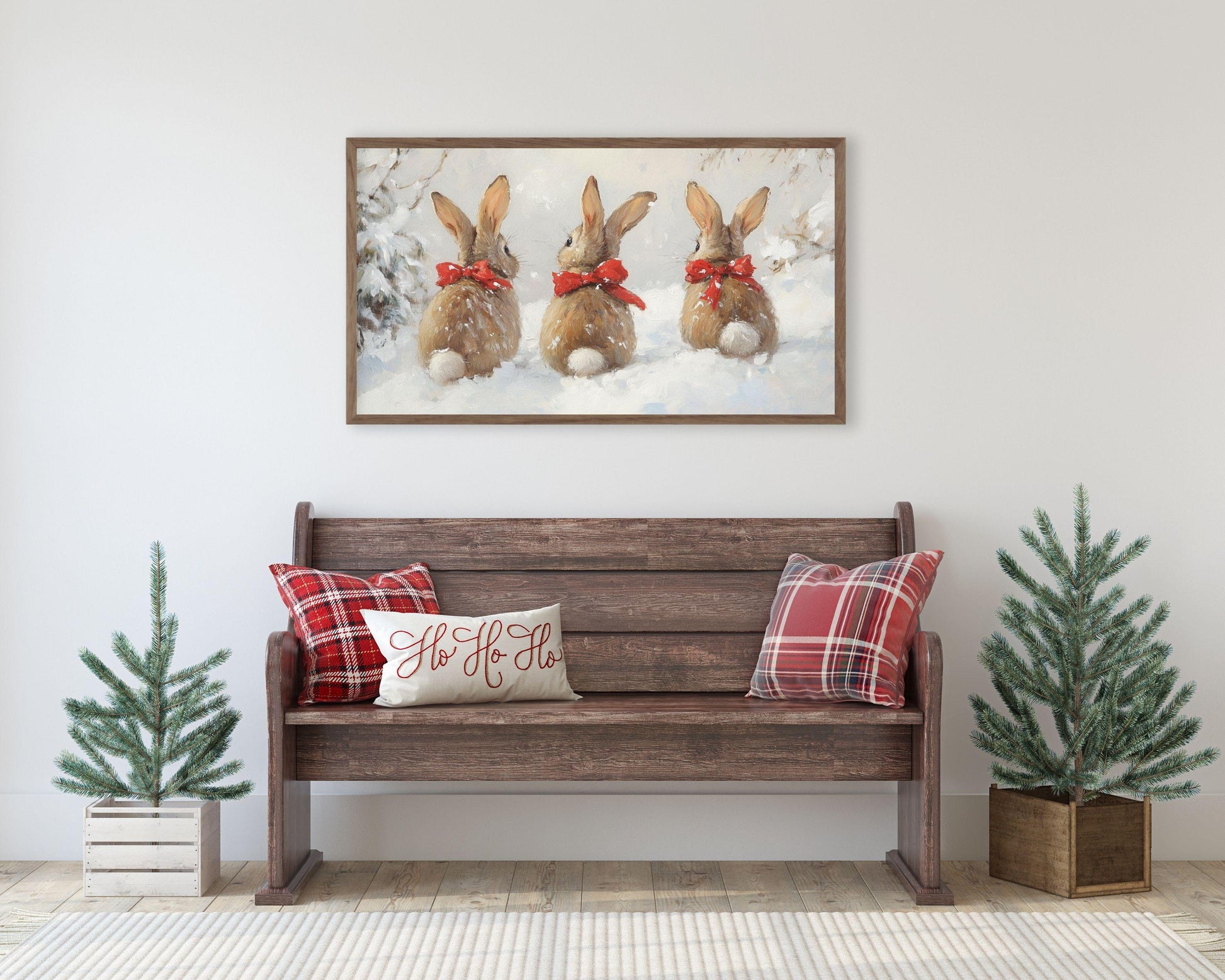 Christmas FRAME TV art Bunnies with Red Bows, Samsung Frame TV Art Cute Animal Picture for Kids, Winter Rabbits Tv Screensaver | TV513