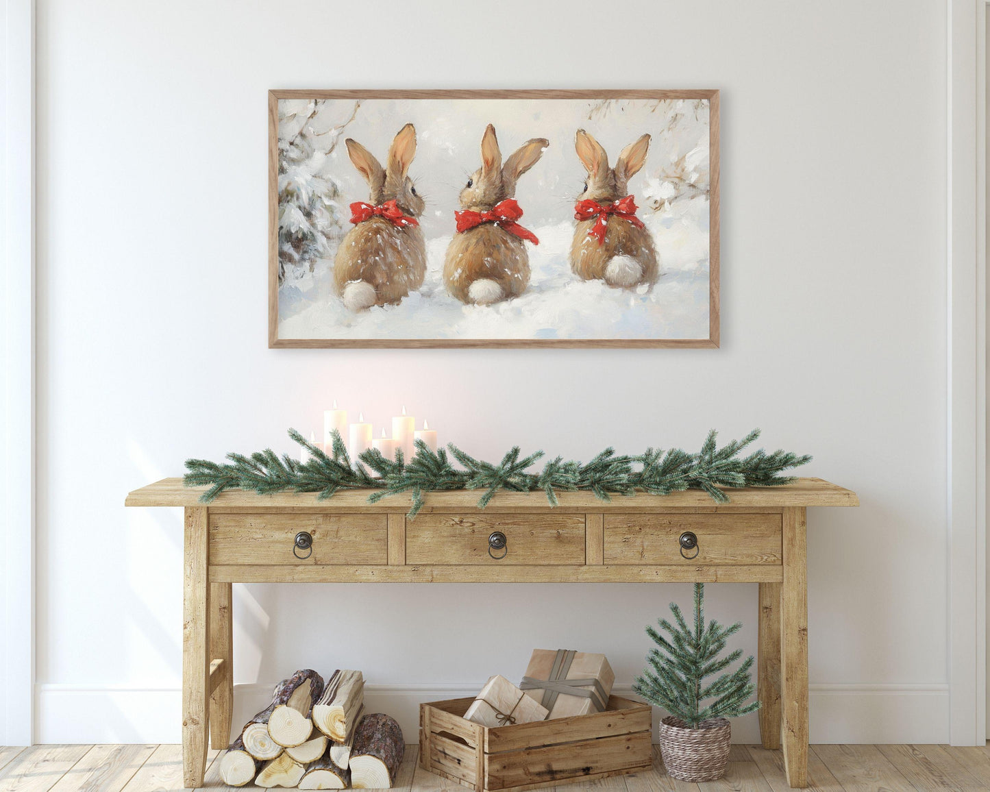 Christmas FRAME TV art Bunnies with Red Bows, Samsung Frame TV Art Cute Animal Picture for Kids, Winter Rabbits Tv Screensaver | TV513