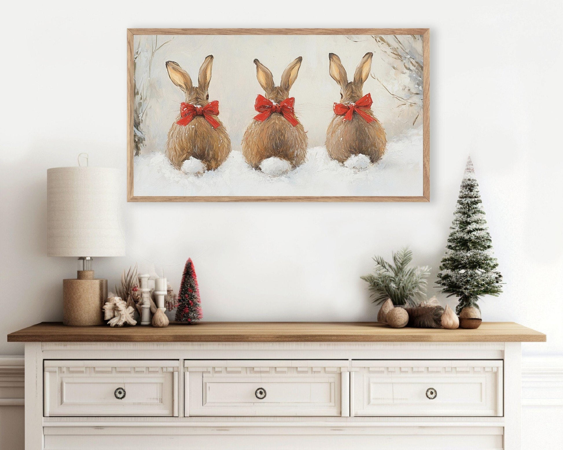 Christmas FRAME TV art Bunnies with Bows, Samsung Frame TV Art Cute Animal Picture for Kids, Winter Rabbits in Snow Tv Screensaver | TV514