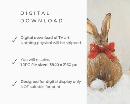 Christmas FRAME TV art Bunnies with Bows, Samsung Frame TV Art Cute Animal Picture for Kids, Winter Rabbits in Snow Tv Screensaver | TV514