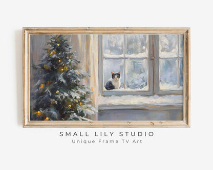 FRAME TV art Cat at Window in Winter, Christmas Tree with Snow, Cute Cat Xmas tv screensaver for kids, Vintage style painting grey | TV515