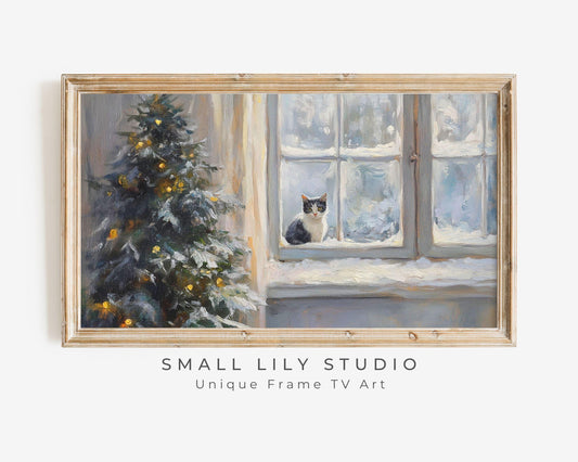 FRAME TV art Cat at Window in Winter, Christmas Tree with Snow, Cute Cat Xmas tv screensaver for kids, Vintage style painting grey | TV515