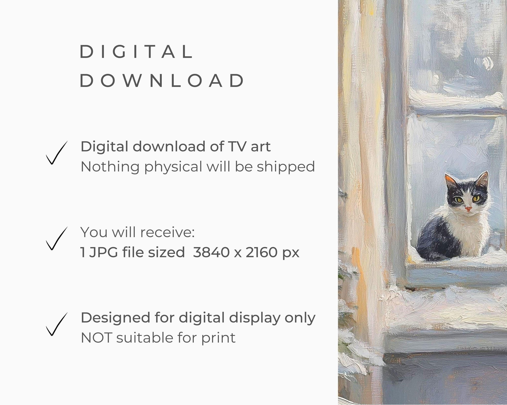 FRAME TV art Cat at Window in Winter, Christmas Tree with Snow, Cute Cat Xmas tv screensaver for kids, Vintage style painting grey | TV515