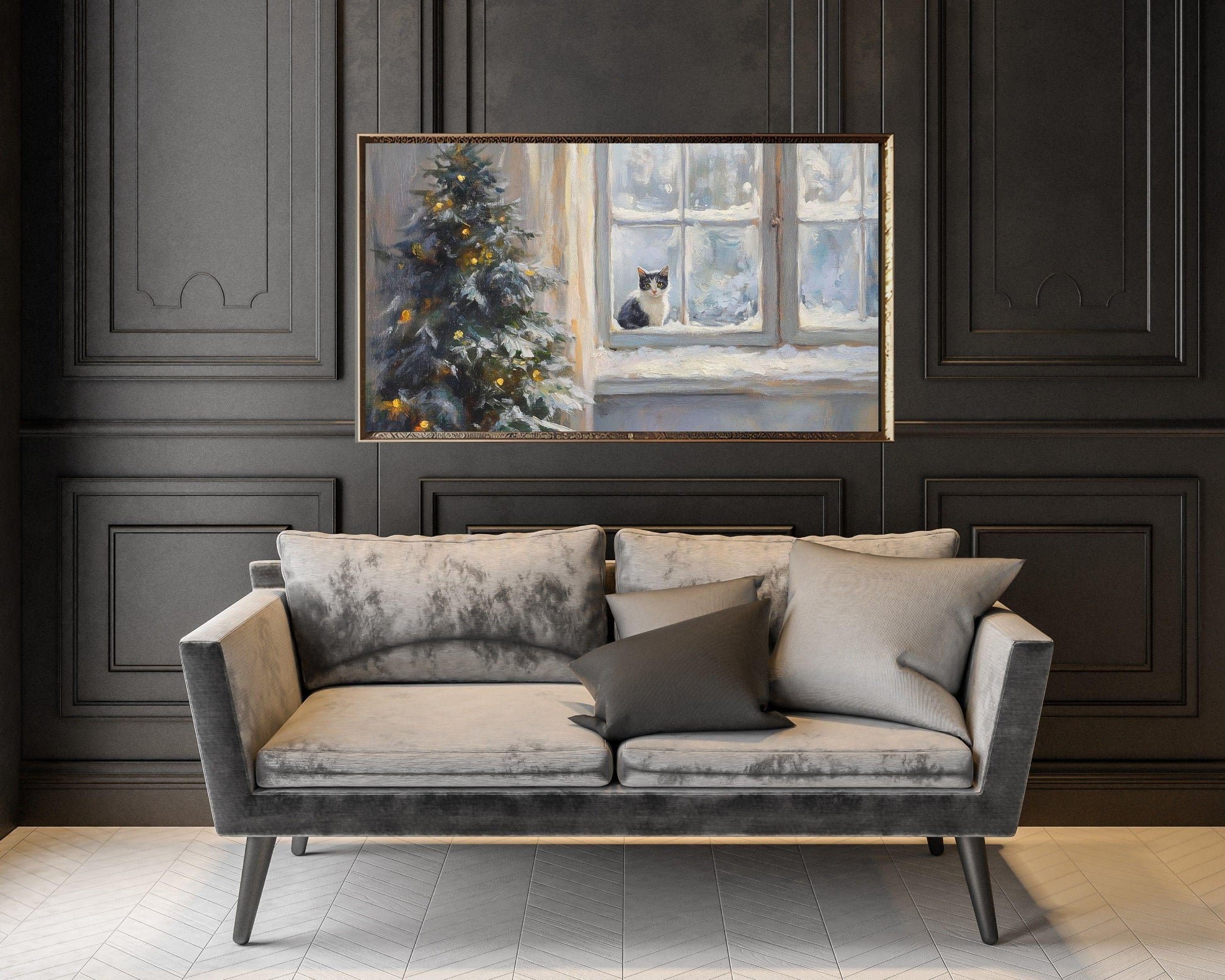 Cat at Window in Winter Frame TV Art