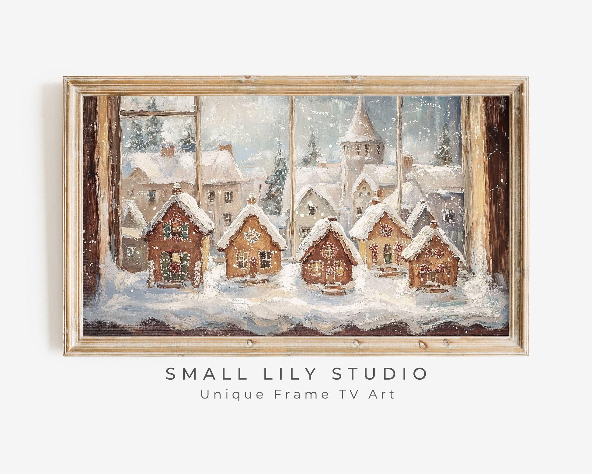 FRAME TV Art Christmas Window Gingerbread Houses, Samsung Frame TV Art Vintage Style Painting Festive Winter Scene Tv Screensaver | TV519