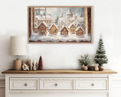 FRAME TV Art Christmas Window Gingerbread Houses, Samsung Frame TV Art Vintage Style Painting Festive Winter Scene Tv Screensaver | TV519