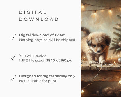 Christmas FRAME TV art Puppy Playing with Lights, Festive Samsung Frame TV art, Cute Dog and Christmas Tree tv screensaver for kids | TV494