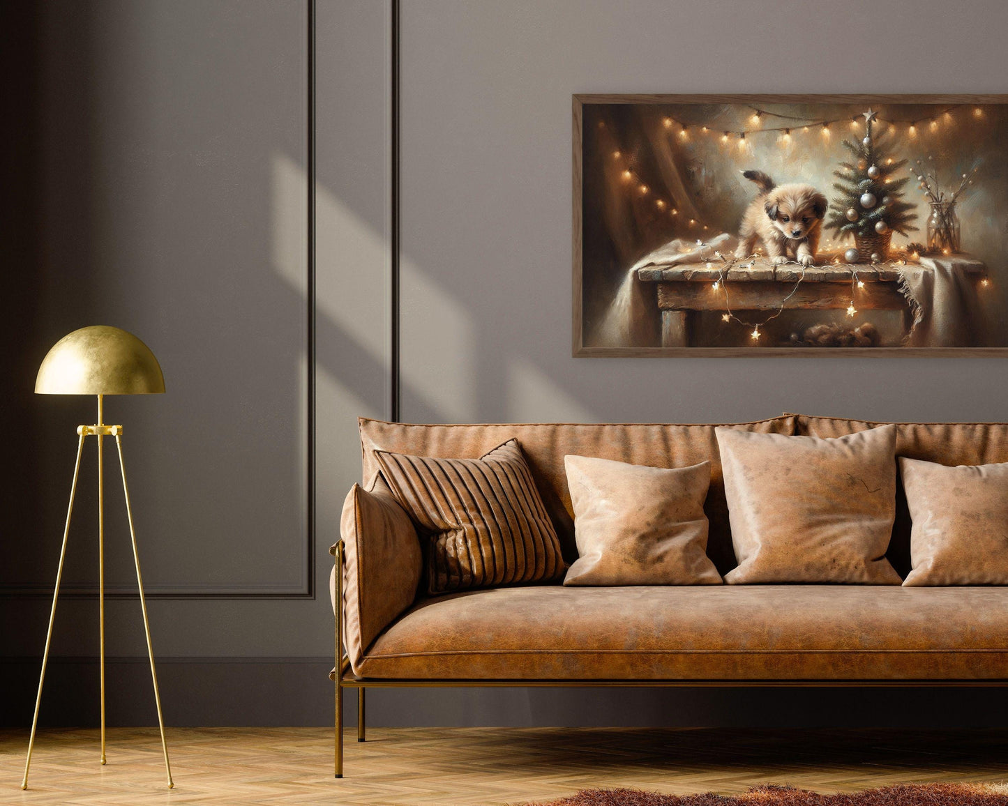 Christmas Puppy Playing with Lights Frame TV Art