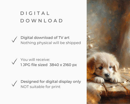 FRAME TV art Christmas Tree and Puppy, Cozy Festive Samsung Frame TV art, Cute Dog and Fairy Lights Holiday Tv screensaver for kids | TV495