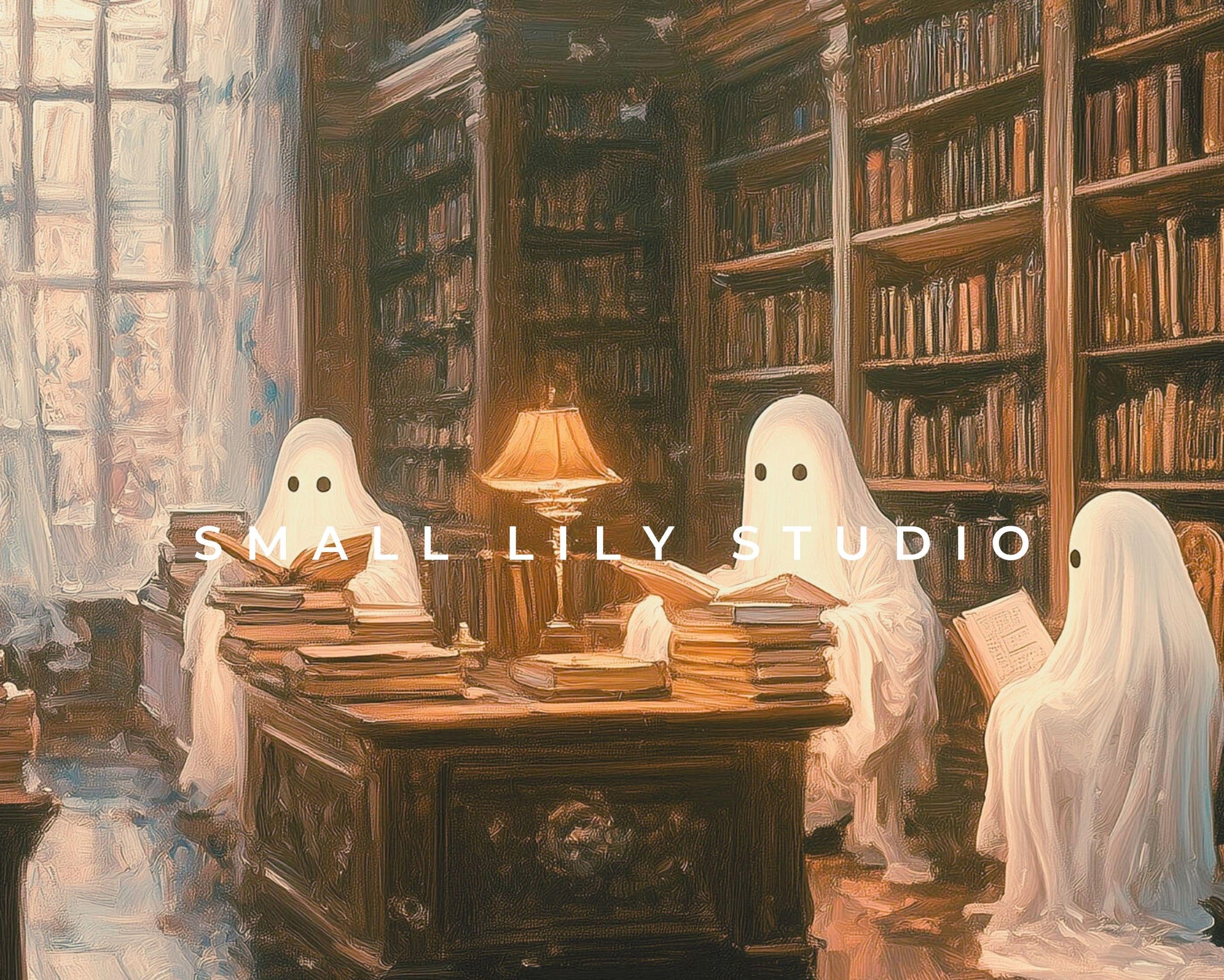 PRINTABLE Halloween Ghosts Reading in Library, Vintage Style Halloween Wall Art, Moody Halloween Print Cute Spooky for Book Lovers | P088