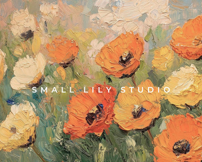 FRAME TV Art Fall Florals Orange and Yellow Poppies, Samsung Frame TV Art Autumn Flowers Textured Painting, Colorful Tv Screensaver | TV506