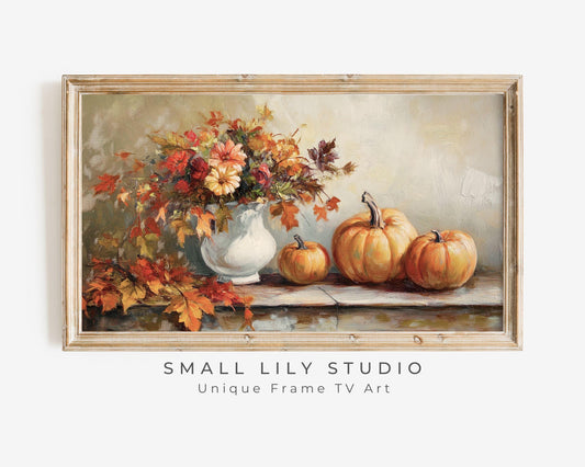 Thanksgiving FRAME TV Art Pumpkins and Fall Florals, Samsung Frame TV Vintage Style Painting Red Orange Brown Cozy Autumn Botanicals | TV507