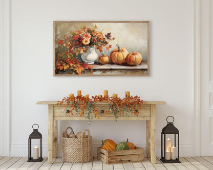 Thanksgiving FRAME TV Art Pumpkins and Fall Florals, Samsung Frame TV Vintage Style Painting Red Orange Brown Cozy Autumn Botanicals | TV507