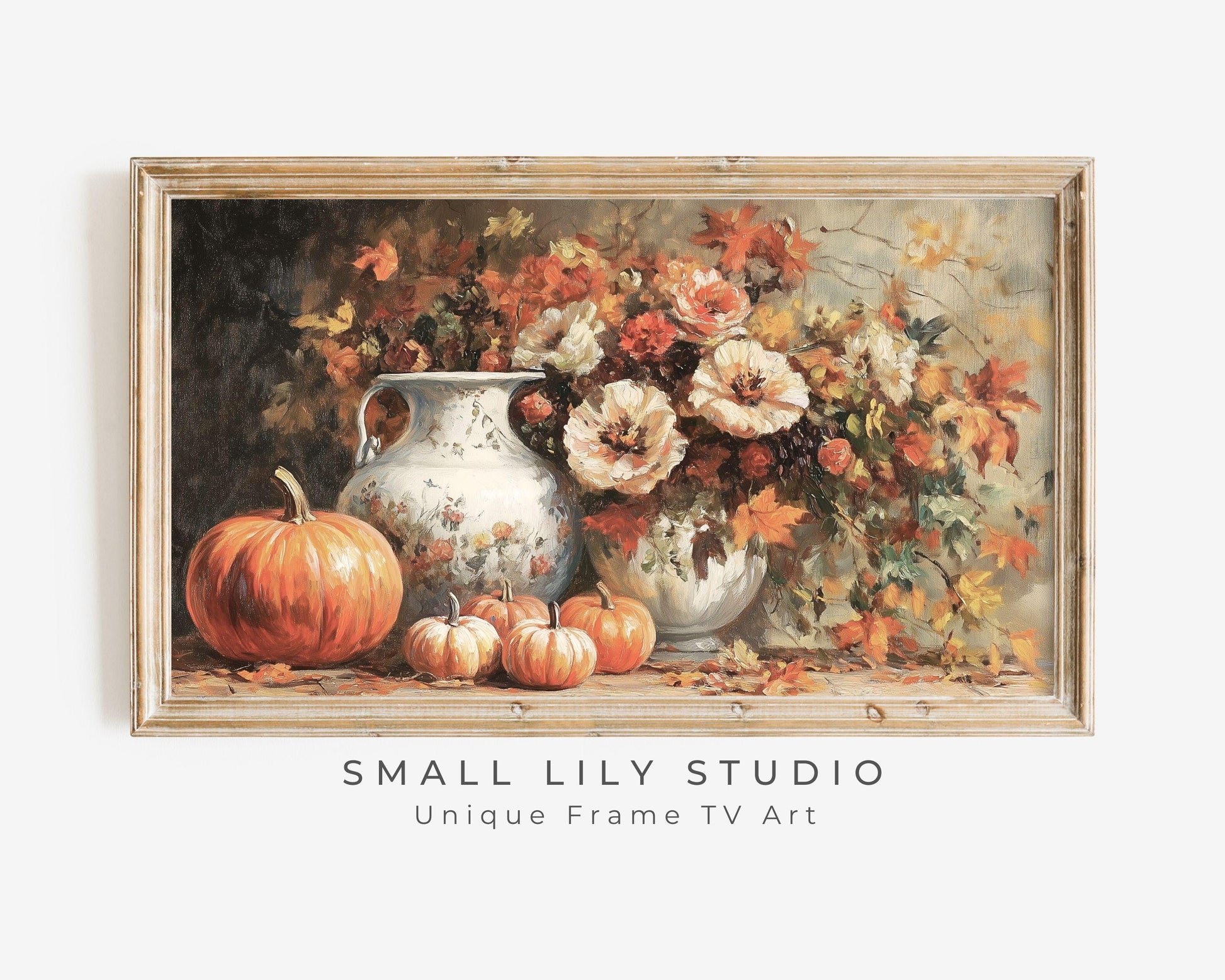 Thanksgiving FRAME TV Art Pumpkins and Florals Still Life, Samsung Frame TV Fall Vintage Style Painting Autumn Flowers Screensaver | TV508