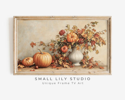 Thanksgiving FRAME TV Art Fall Florals and Pumpkins, Samsung Frame TV Vintage Style Painting Red Orange Beige Cozy Autumn Botanicals | TV509