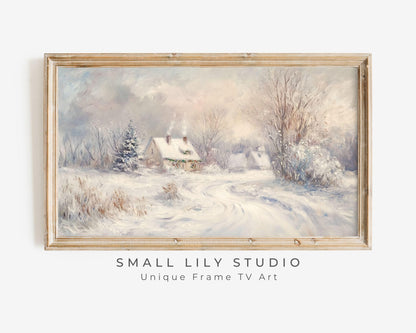 FRAME TV art Cottage in Winter Landscape, Samsung Frame tv art neutral Christmas painting vintage style, TV screensaver pink white | TV502