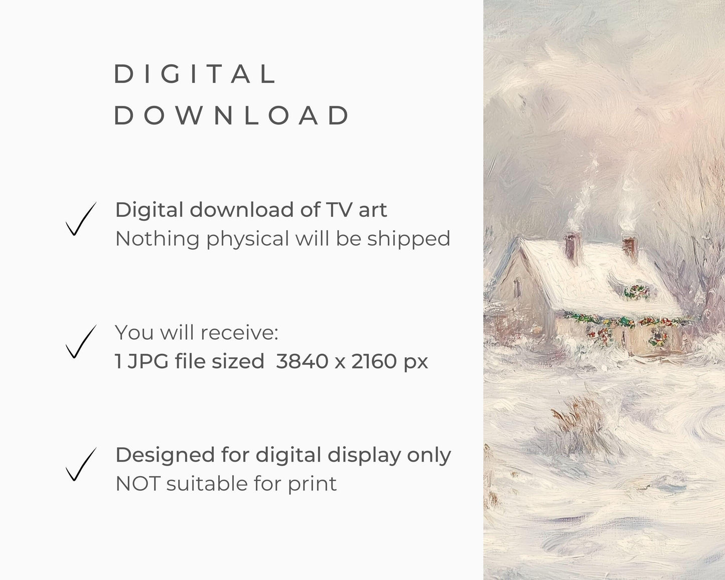 FRAME TV art Cottage in Winter Landscape, Samsung Frame tv art neutral Christmas painting vintage style, TV screensaver pink white | TV502