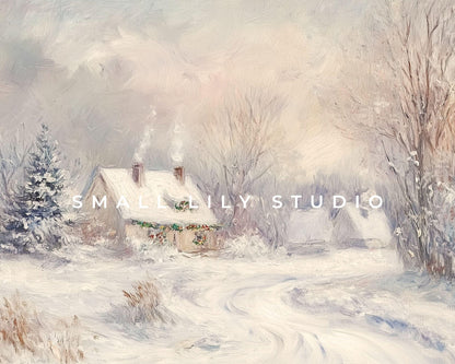 FRAME TV art Cottage in Winter Landscape, Samsung Frame tv art neutral Christmas painting vintage style, TV screensaver pink white | TV502