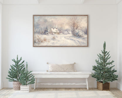 FRAME TV art Cottage in Winter Landscape, Samsung Frame tv art neutral Christmas painting vintage style, TV screensaver pink white | TV502