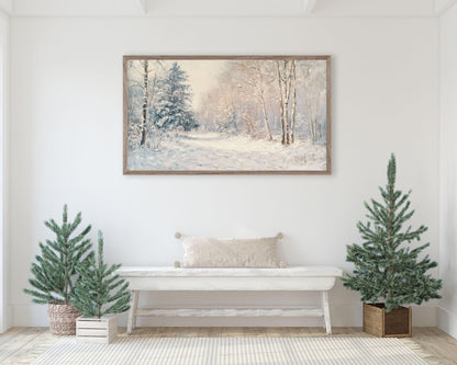 FRAME TV art Winter Landscape Pink, Samsung Frame tv art Christmas painting vintage style, Holidays TV screensaver snow forest | TV503