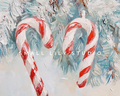 FRAME TV art Christmas Candy Canes, Cute Festive Samsung Frame tv art, Red White Vintage Style Textured Xmas Painting for kids | TV504