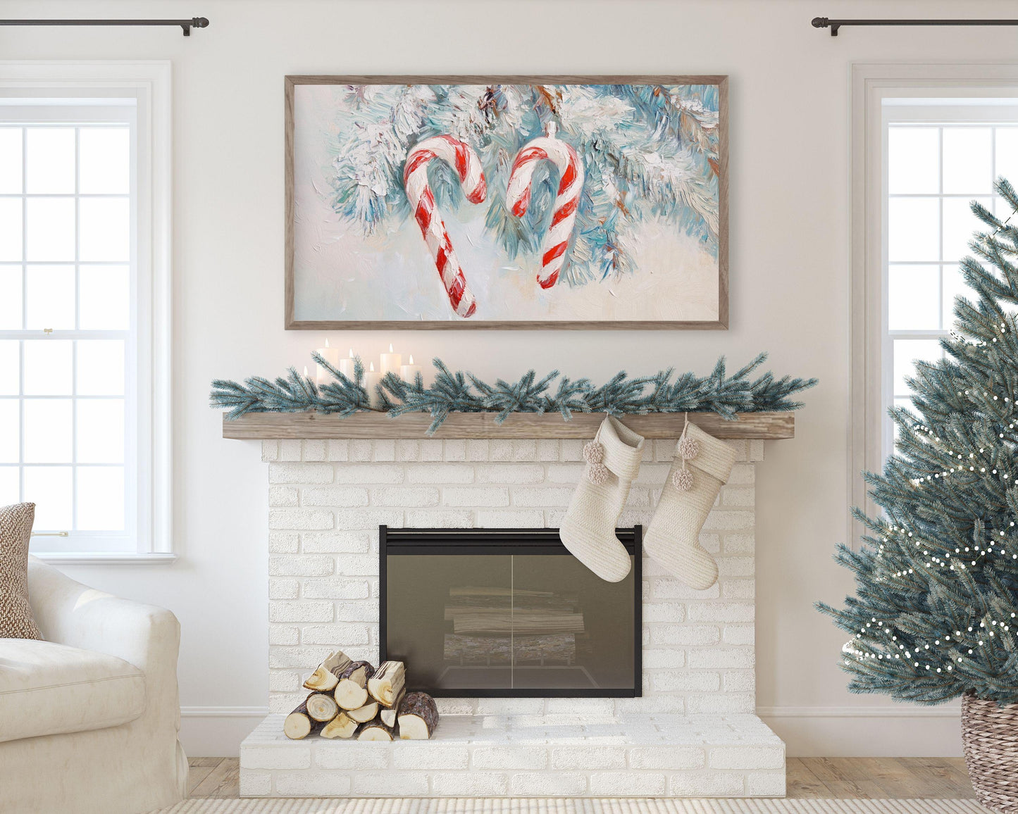 FRAME TV art Christmas Candy Canes, Cute Festive Samsung Frame tv art, Red White Vintage Style Textured Xmas Painting for kids | TV504