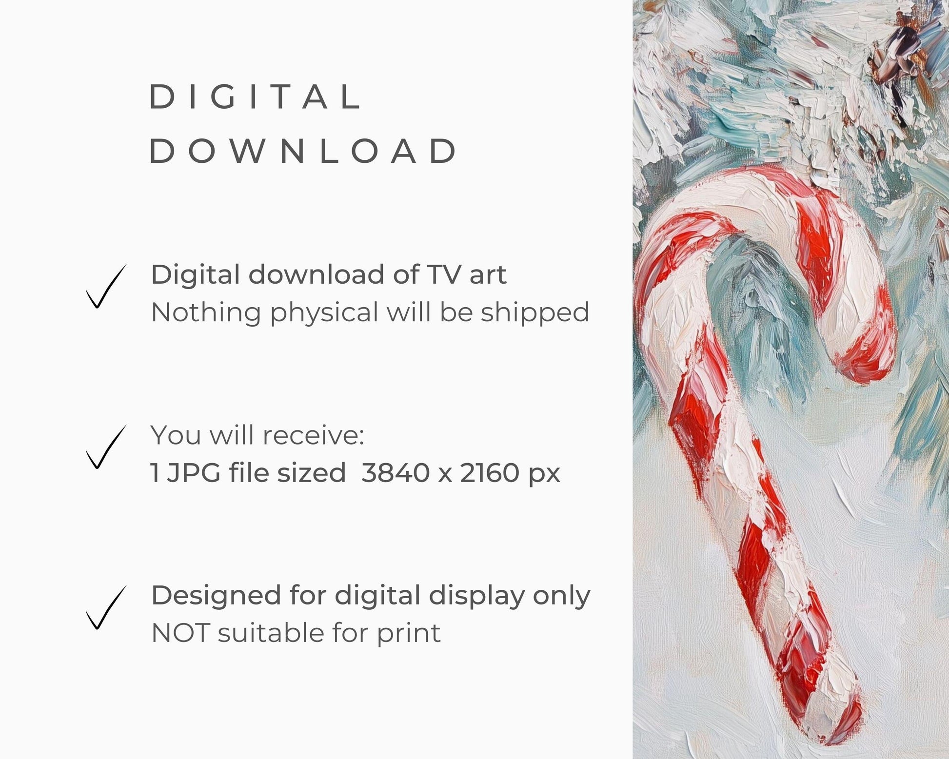 FRAME TV art Christmas Candy Canes, Cute Festive Samsung Frame tv art, Red White Vintage Style Textured Xmas Painting for kids | TV504