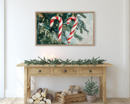 FRAME TV art Candy Canes on Christmas Tree, Festive Samsung Frame tv art, Red White Green Vintage Style Textured Xmas Painting kids | TV505