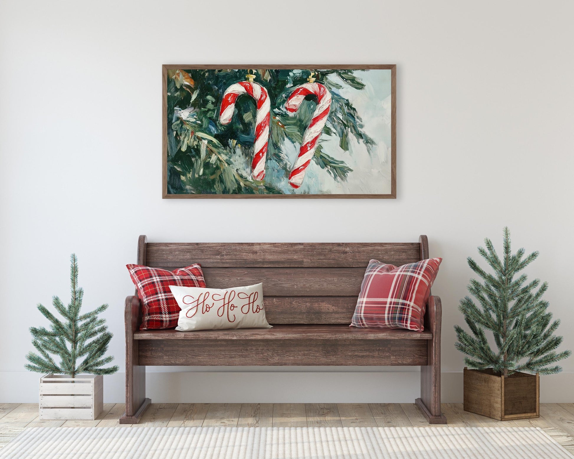 FRAME TV art Candy Canes on Christmas Tree, Festive Samsung Frame tv art, Red White Green Vintage Style Textured Xmas Painting kids | TV505