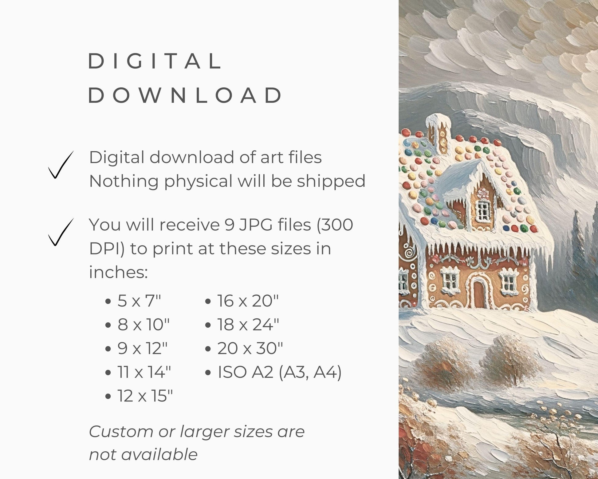 PRINTABLE Gingerbread House Christmas Print, Vintage Style Xmas Wall Art for kids, Samsung Frame TV art cute candy cottage painting | P090