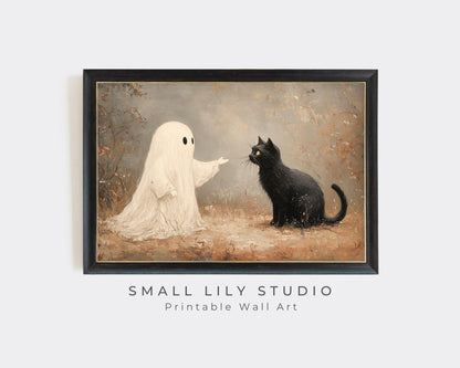 PRINTABLE Halloween Ghost and Black Cat Print, Moody Vintage Style Halloween Wall Art, Spooky Halloween Home Decor Oil Painting | P096