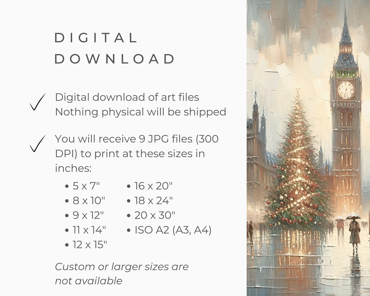 PRINTABLE London Christmas Print, Vintage Style Xmas Wall Art City in the Rain, Warm neutral festive painting textured streetscape | P092