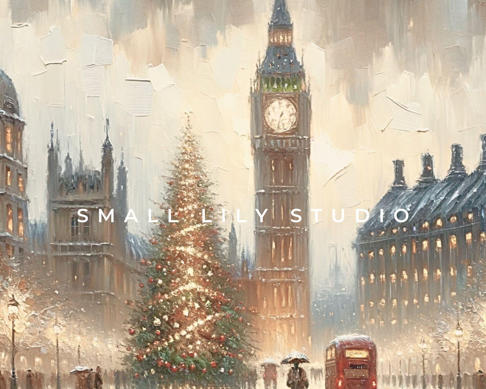 PRINTABLE London Christmas Print, Vintage Style Xmas Wall Art City in the Rain, Warm neutral festive painting textured streetscape | P092