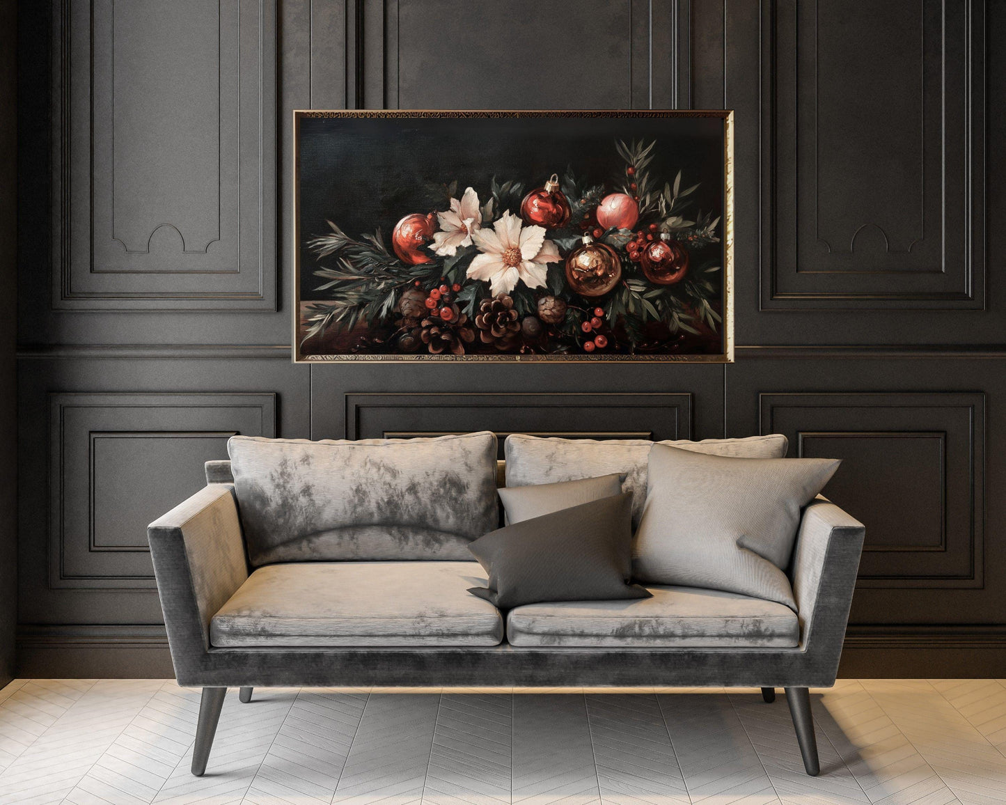 FRAME TV art Moody Christmas Florals, Samsung Frame tv art vintage style flower still life painting, Dark red Christmas decor | TV536